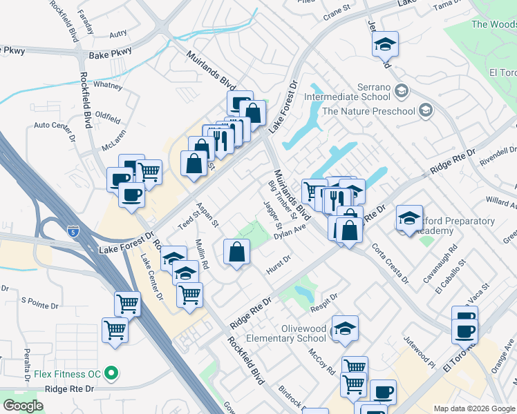 map of restaurants, bars, coffee shops, grocery stores, and more near 22911 Plainview Circle in Lake Forest
