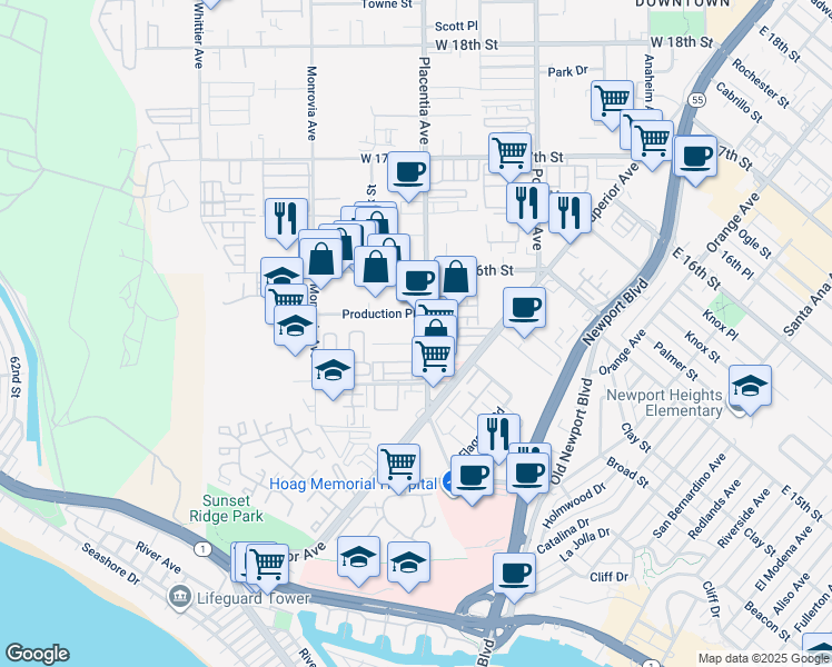 map of restaurants, bars, coffee shops, grocery stores, and more near 1525 Placentia Avenue in Newport Beach