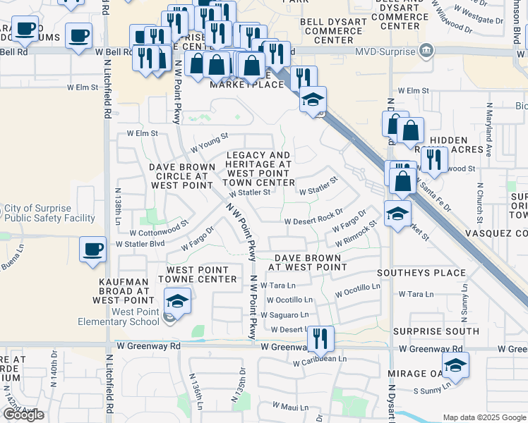 map of restaurants, bars, coffee shops, grocery stores, and more near 13451 West Paradise Lane in Surprise