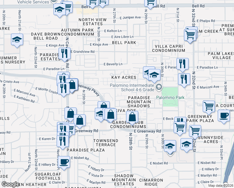 map of restaurants, bars, coffee shops, grocery stores, and more near 2606 East Greenway Parkway in Phoenix