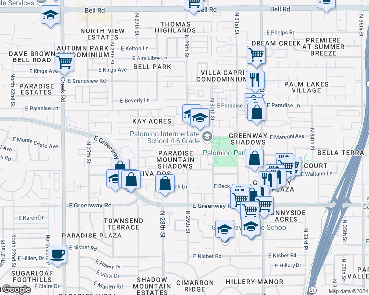 map of restaurants, bars, coffee shops, grocery stores, and more near 15636 North 29th Street in Phoenix