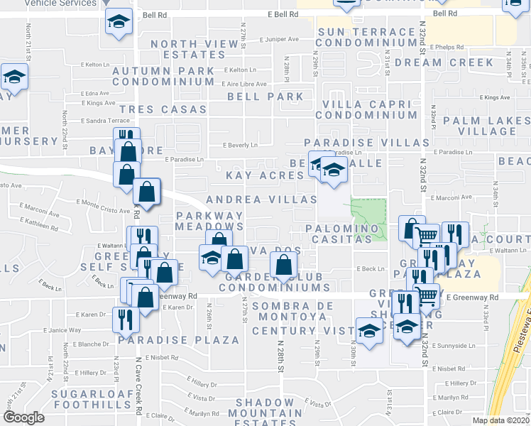 map of restaurants, bars, coffee shops, grocery stores, and more near 2725 East Tierra Buena Lane in Phoenix