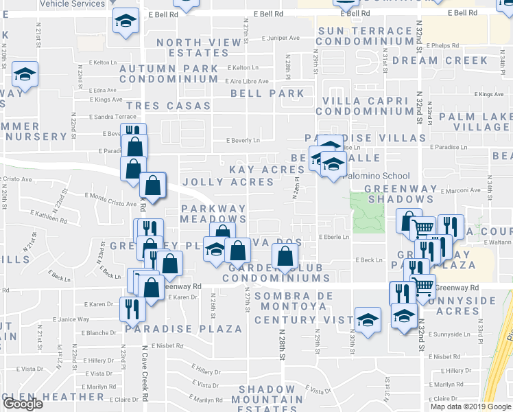 map of restaurants, bars, coffee shops, grocery stores, and more near 2725 East Tierra Buena Lane in Phoenix