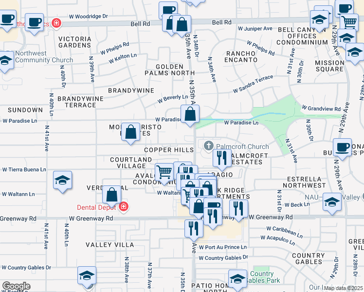 map of restaurants, bars, coffee shops, grocery stores, and more near 3535 West Monte Cristo Avenue in Phoenix