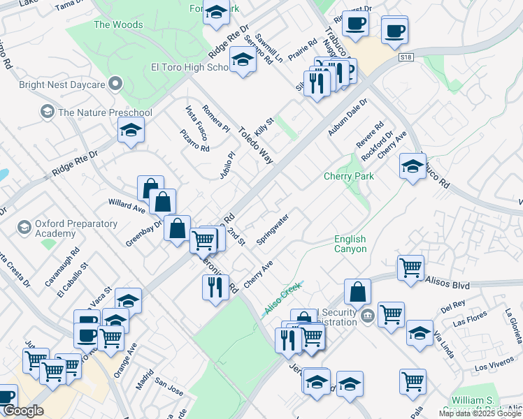 map of restaurants, bars, coffee shops, grocery stores, and more near 22941 Moonstone Lane in Lake Forest