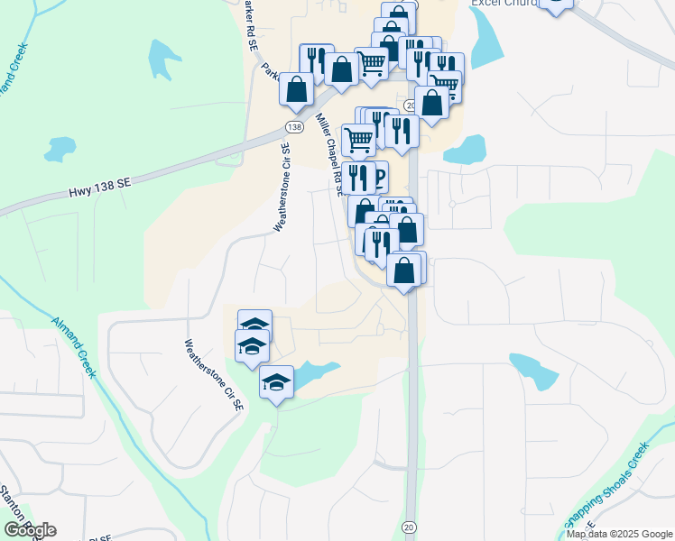 map of restaurants, bars, coffee shops, grocery stores, and more near 2197 Boxwood Circle in Conyers