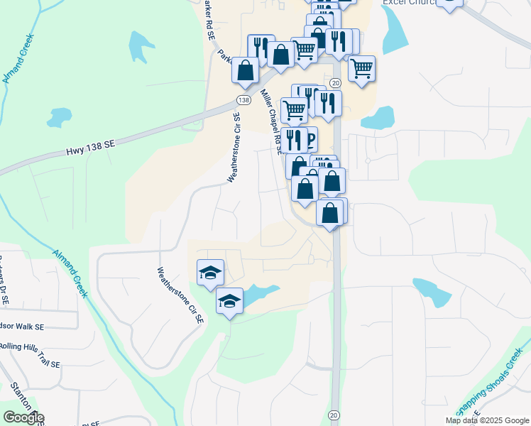 map of restaurants, bars, coffee shops, grocery stores, and more near 2101 Boxwood Circle in Conyers