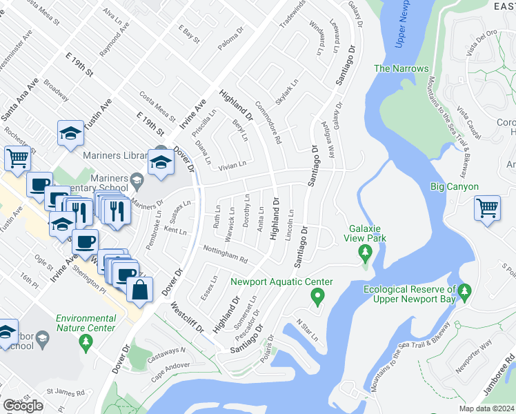 map of restaurants, bars, coffee shops, grocery stores, and more near 1615 Anita Lane in Newport Beach