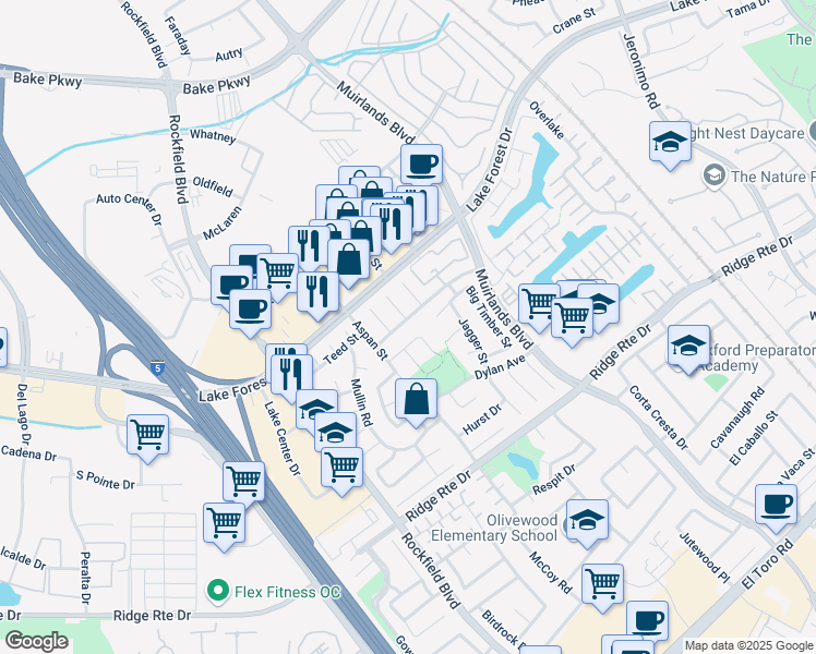 map of restaurants, bars, coffee shops, grocery stores, and more near 23922 Oswego Street in Lake Forest