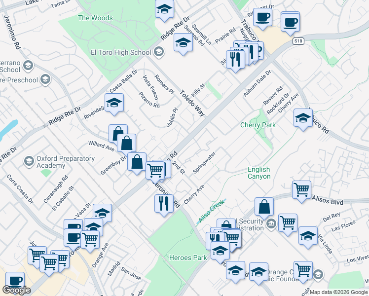 map of restaurants, bars, coffee shops, grocery stores, and more near 22901 Leo Lane in Lake Forest