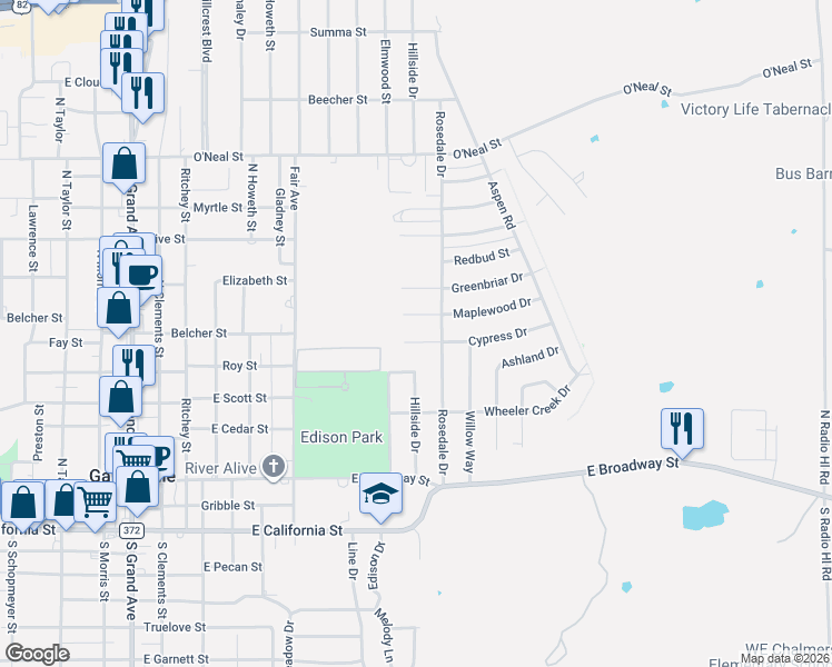 map of restaurants, bars, coffee shops, grocery stores, and more near 1912 Cypress Court in Gainesville