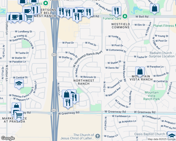 map of restaurants, bars, coffee shops, grocery stores, and more near 16387 West Monte Cristo Avenue in Surprise