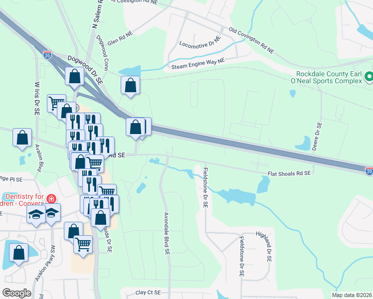 map of restaurants, bars, coffee shops, grocery stores, and more near 2381 Iris Drive Southeast in Conyers