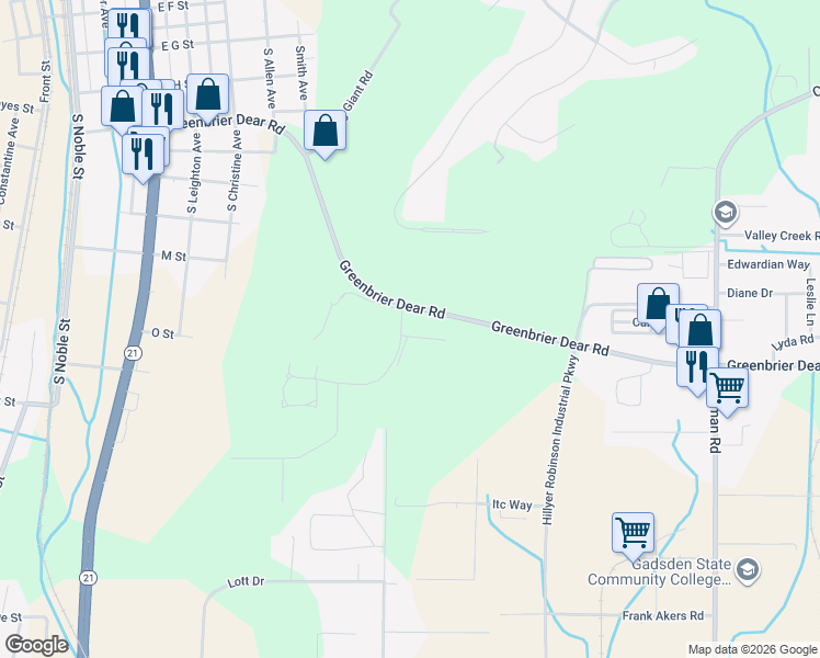 map of restaurants, bars, coffee shops, grocery stores, and more near 1004 Timuquana Lane in Anniston