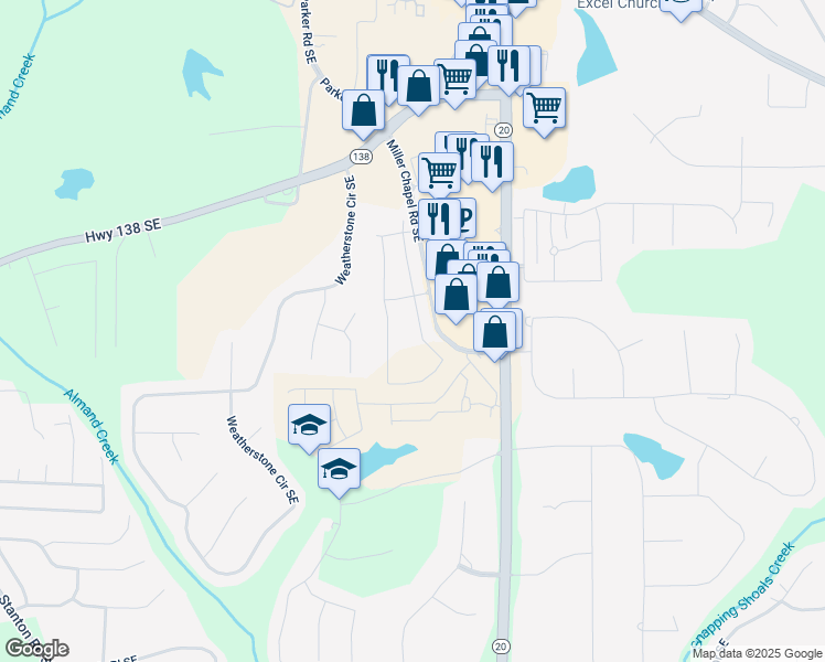 map of restaurants, bars, coffee shops, grocery stores, and more near 2197 Boxwood Circle in Conyers