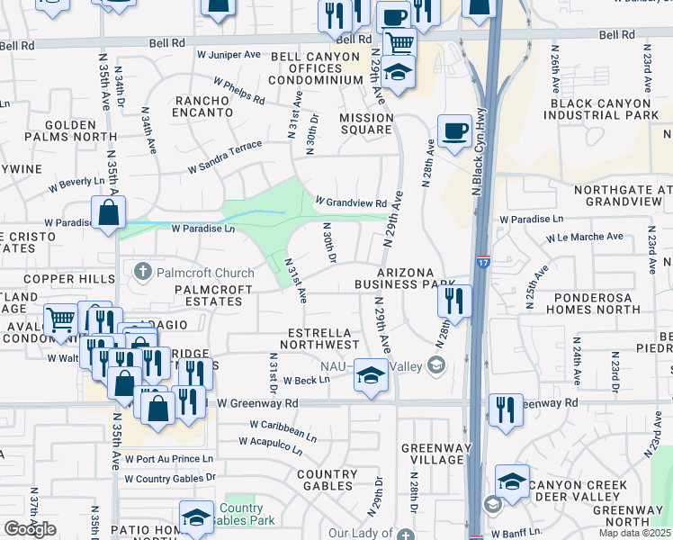 map of restaurants, bars, coffee shops, grocery stores, and more near 15802 North 30th Drive in Phoenix