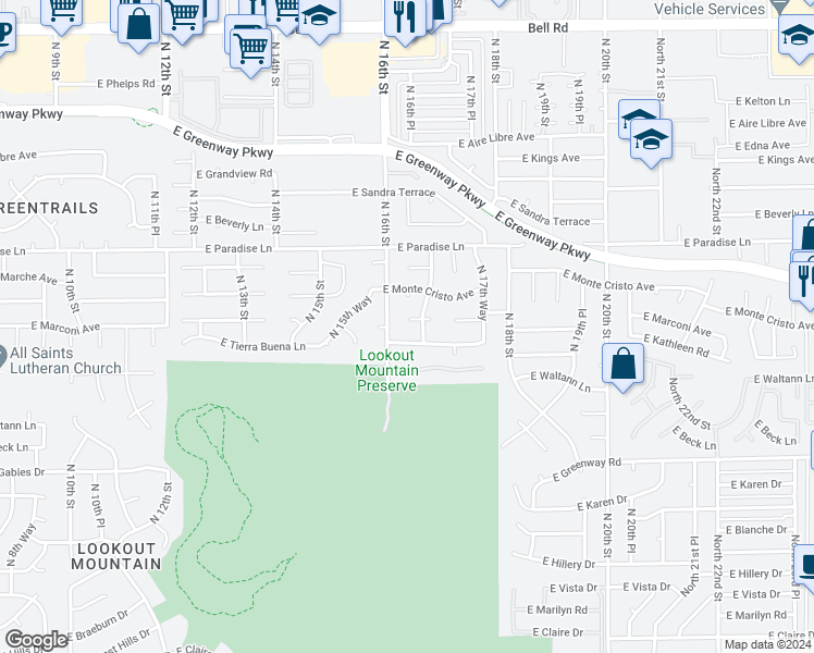 map of restaurants, bars, coffee shops, grocery stores, and more near 1625 East Kathleen Road in Phoenix