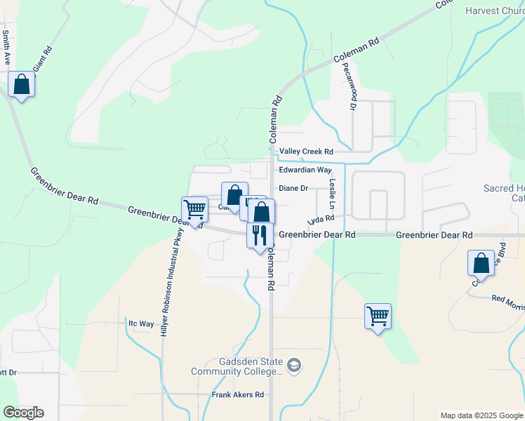 map of restaurants, bars, coffee shops, grocery stores, and more near 1532 Cambridge Place in Anniston