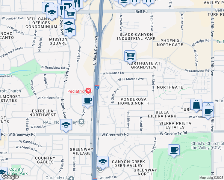 map of restaurants, bars, coffee shops, grocery stores, and more near 2540 West Kathleen Road in Phoenix