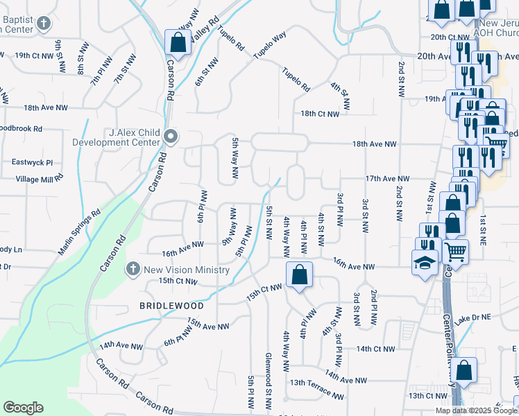 map of restaurants, bars, coffee shops, grocery stores, and more near 505 16th Terrace Northwest in Center Point
