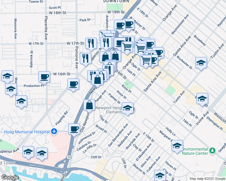 map of restaurants, bars, coffee shops, grocery stores, and more near 215 Knox Street in Costa Mesa
