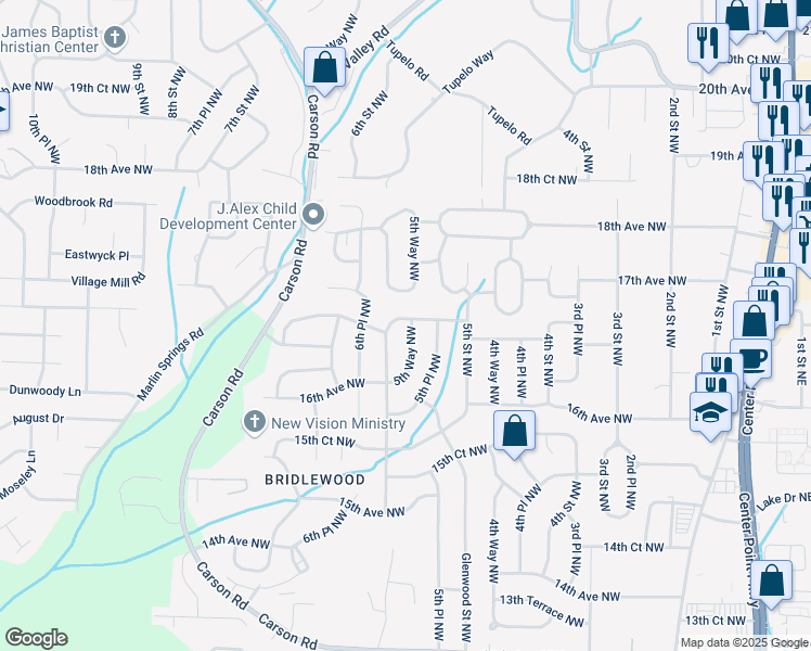 map of restaurants, bars, coffee shops, grocery stores, and more near 1629 5th Way Northwest in Center Point