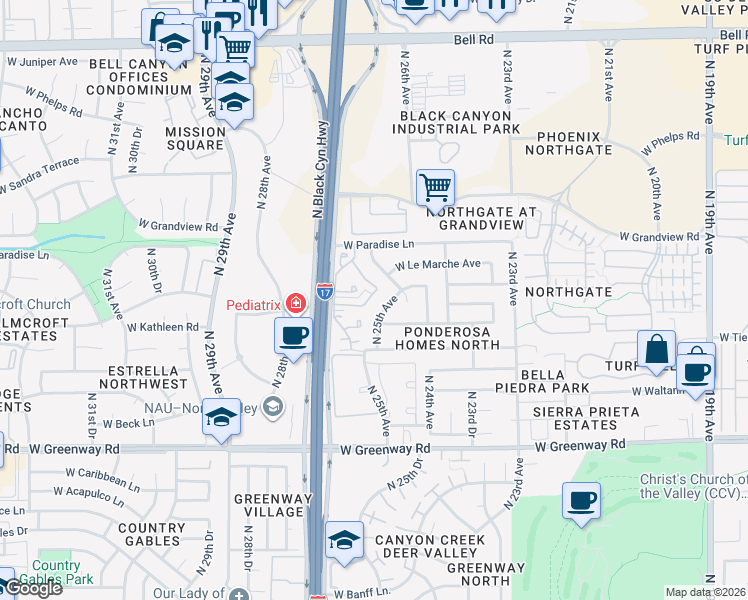 map of restaurants, bars, coffee shops, grocery stores, and more near 2540 West Kathleen Road in Phoenix