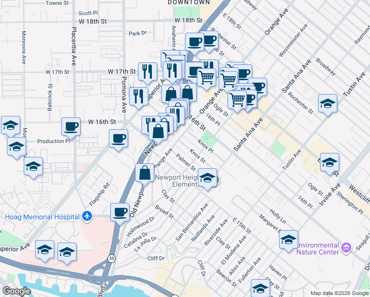 map of restaurants, bars, coffee shops, grocery stores, and more near 226 Palmer Street in Costa Mesa