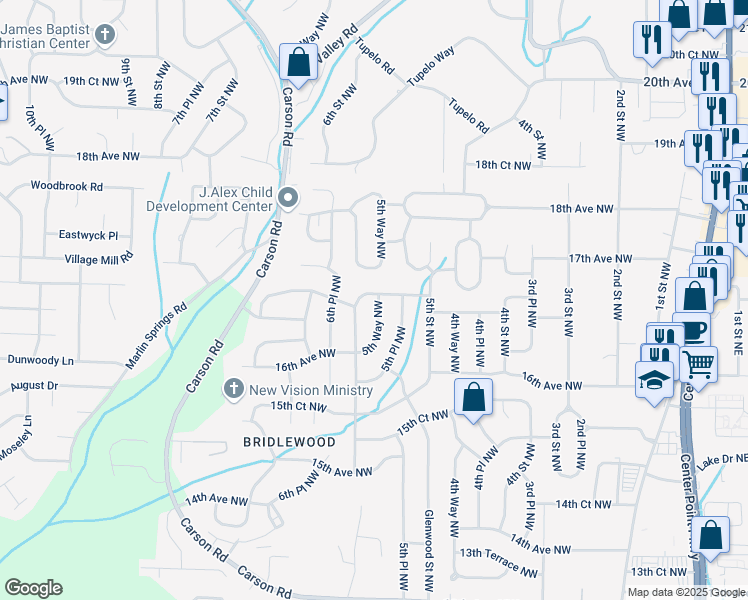 map of restaurants, bars, coffee shops, grocery stores, and more near 1629 5th Way Northwest in Center Point