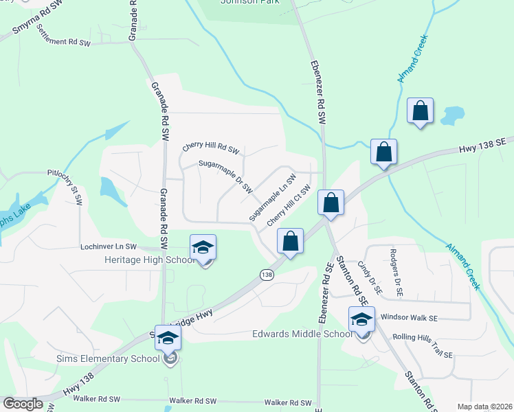 map of restaurants, bars, coffee shops, grocery stores, and more near 1627 Sugarmaple Lane Southwest in Conyers