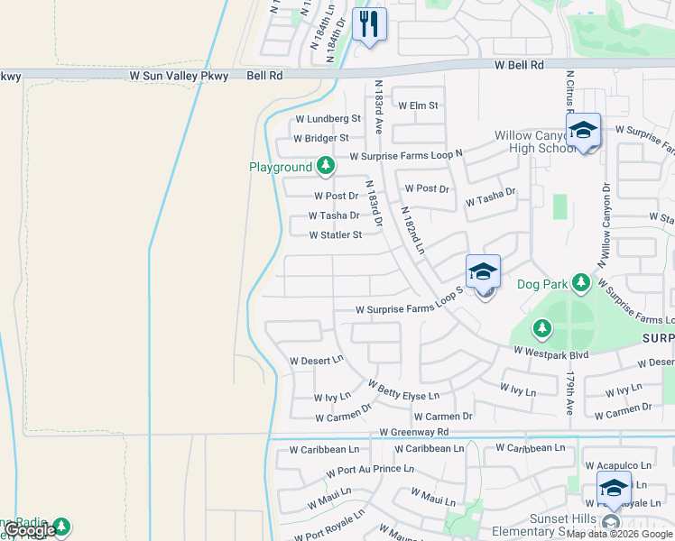 map of restaurants, bars, coffee shops, grocery stores, and more near 18382 West Marshall Lane in Surprise