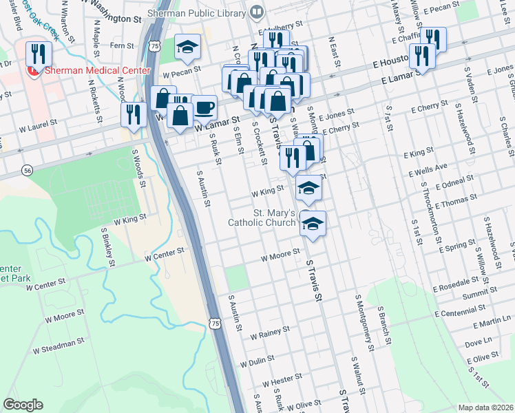 map of restaurants, bars, coffee shops, grocery stores, and more near 700 South Elm Street in Sherman