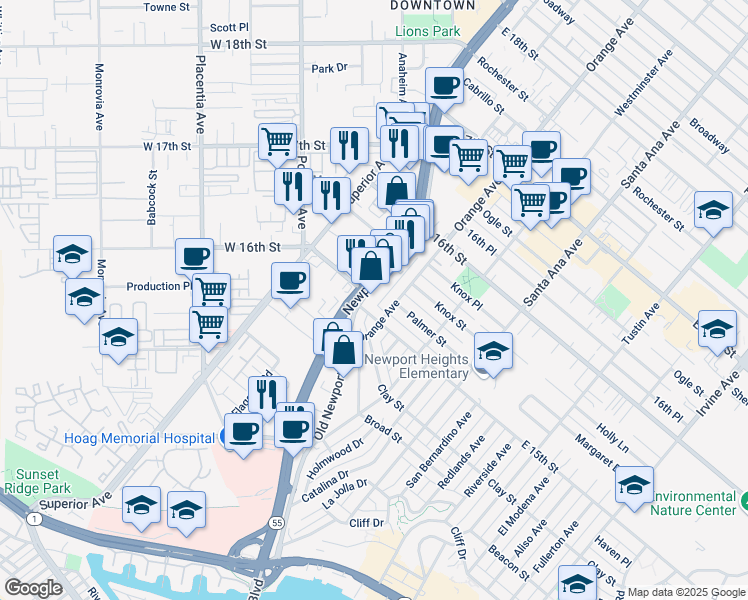 map of restaurants, bars, coffee shops, grocery stores, and more near 1502 Orange Avenue in Costa Mesa