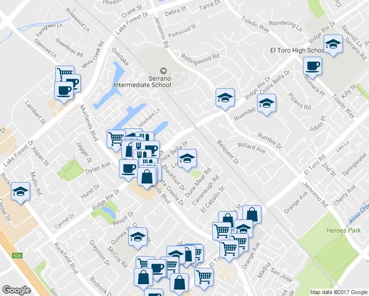 map of restaurants, bars, coffee shops, grocery stores, and more near 22792 Costa Bella Drive in Lake Forest