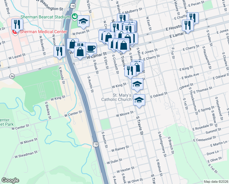 map of restaurants, bars, coffee shops, grocery stores, and more near 700 South Elm Street in Sherman