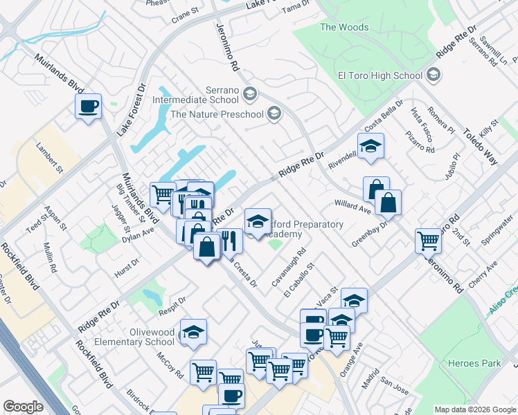 map of restaurants, bars, coffee shops, grocery stores, and more near 22792 Costa Bella Drive in Lake Forest