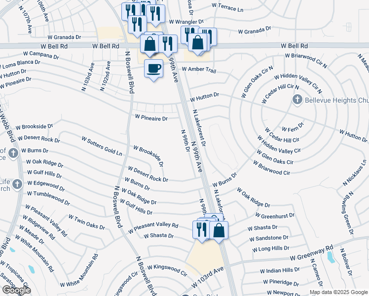 map of restaurants, bars, coffee shops, grocery stores, and more near 16022 North 99th Drive in Sun City