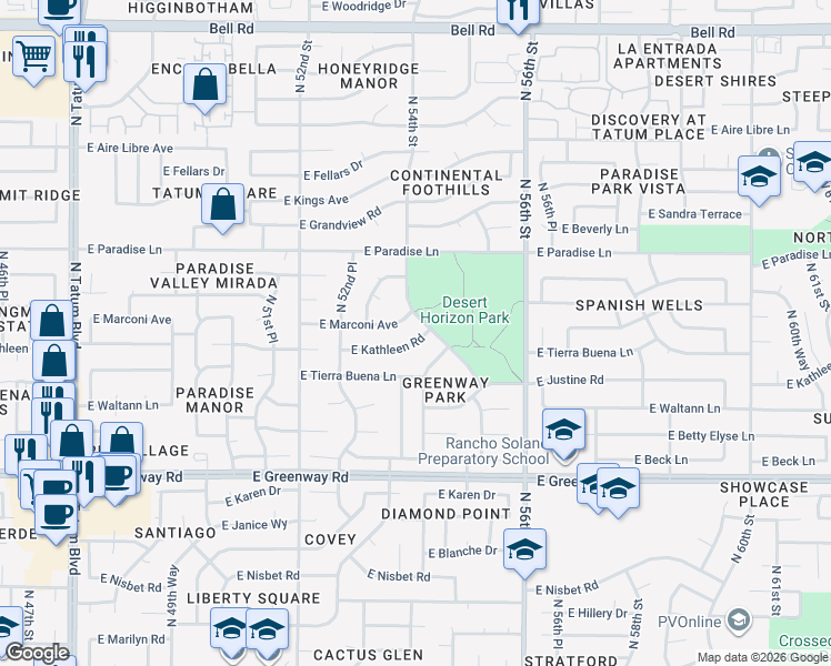 map of restaurants, bars, coffee shops, grocery stores, and more near 5409 East Kathleen Road in Scottsdale
