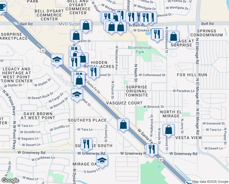 map of restaurants, bars, coffee shops, grocery stores, and more near 16025 North Church Street in Surprise