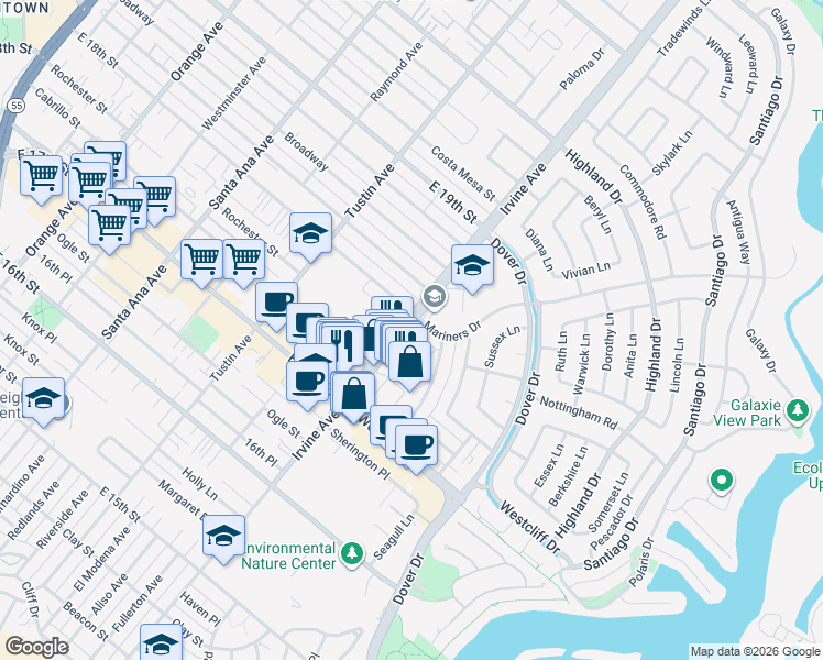 map of restaurants, bars, coffee shops, grocery stores, and more near 1173 Winslow Lane in Newport Beach