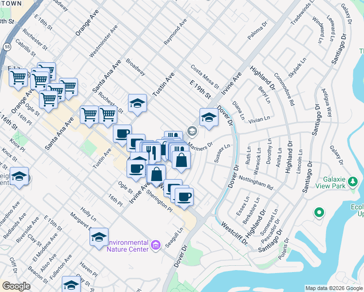 map of restaurants, bars, coffee shops, grocery stores, and more near 1211 Winslow Lane in Newport Beach