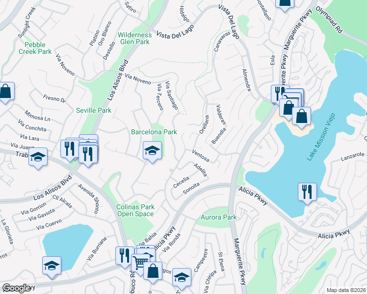 map of restaurants, bars, coffee shops, grocery stores, and more near 27197 Via Aurora in Mission Viejo