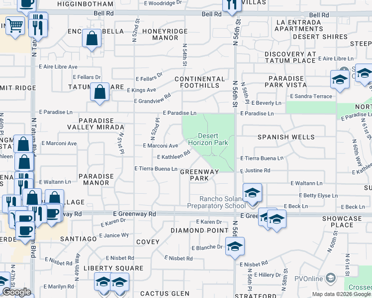 map of restaurants, bars, coffee shops, grocery stores, and more near 5409 East Kathleen Road in Scottsdale