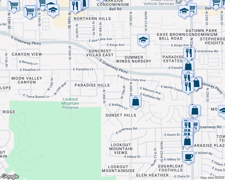 map of restaurants, bars, coffee shops, grocery stores, and more near 1816 East Tierra Buena Lane in Phoenix