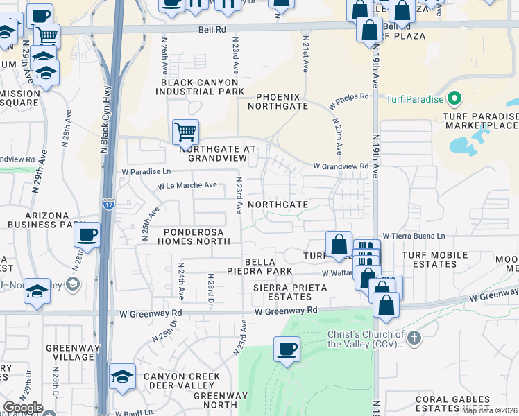 map of restaurants, bars, coffee shops, grocery stores, and more near 15911 North 22nd Lane in Phoenix