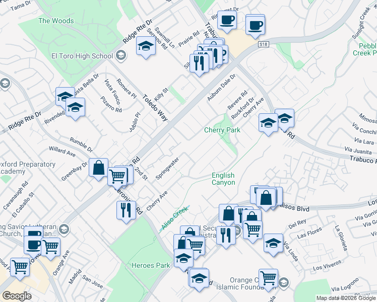 map of restaurants, bars, coffee shops, grocery stores, and more near 22902 Briarcroft in Lake Forest