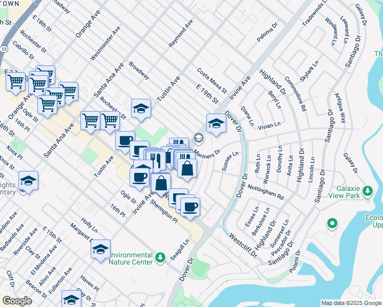 map of restaurants, bars, coffee shops, grocery stores, and more near 1200 Irvine Avenue in Newport Beach