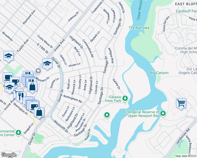 map of restaurants, bars, coffee shops, grocery stores, and more near 1620 Lincoln Lane in Newport Beach