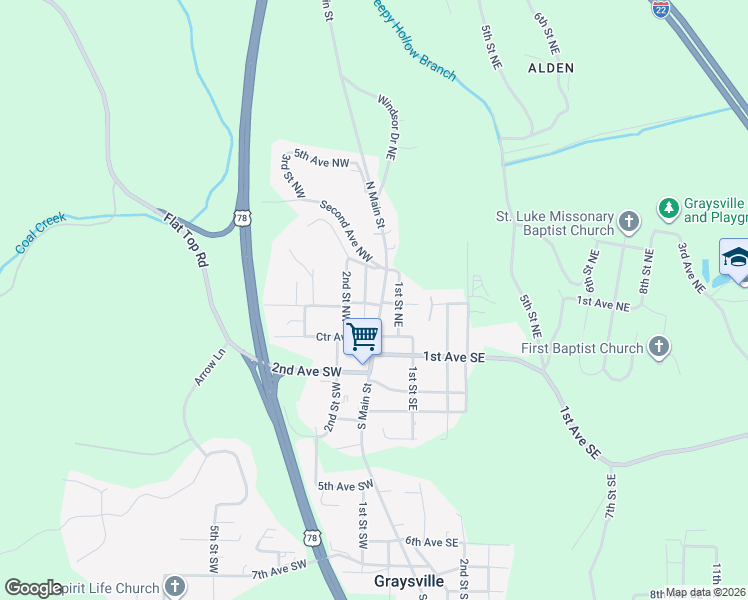map of restaurants, bars, coffee shops, grocery stores, and more near 44 Main Street South in Graysville