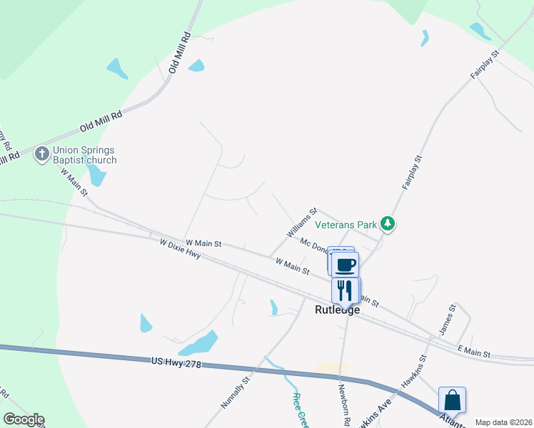 map of restaurants, bars, coffee shops, grocery stores, and more near 256 Williams Street in Rutledge